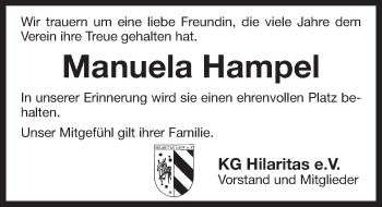 Traueranzeige von Manuela Hampel von Pegnitz-Zeitung